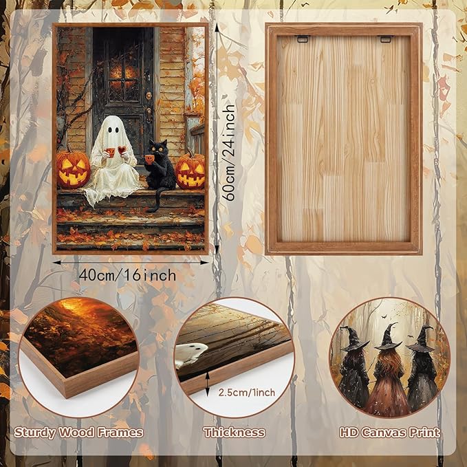 Halloween Witch & Ghost Framed Canvas Wall Art | Set of 3 (16"x24")