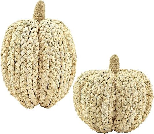 7.5/5.5Inches Braided Cornhusk Pumpkin Decor Set of 2 Natural Corn Stalks Woven Pumpkins for Fall Home Decor