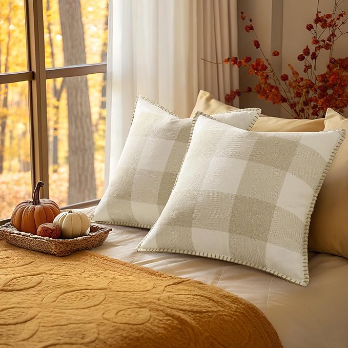 Buffalo Plaid Check Fall Throw Pillow Covers 18x18 Set of 2, Outdoor Decorative Farmhouse Pillow Covers with Stitched Edge for Bed Couch Sofa, Cream White and Beige