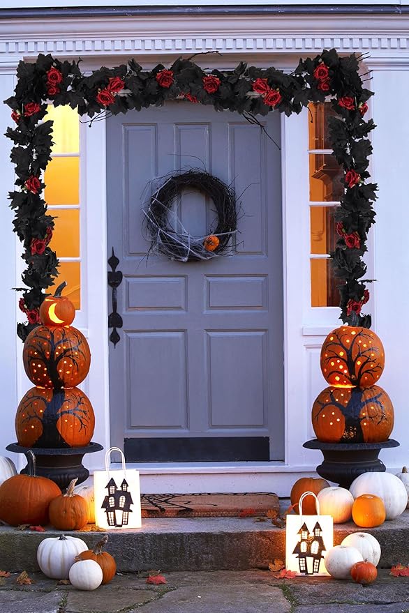 Black Maple Leaf & Red Rose Garland, Set of 2 | 5.7 FT Hanging Vine for Halloween & Wedding Decor