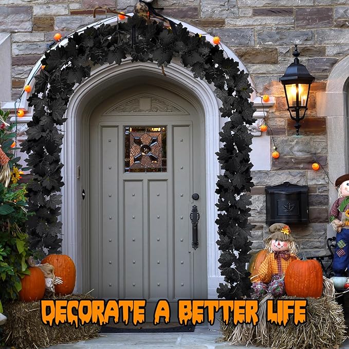 Black Maple Leaf Halloween Garland, Set of 2 | 5.7 FT Artificial Hanging Vine for Mantle & Fireplace