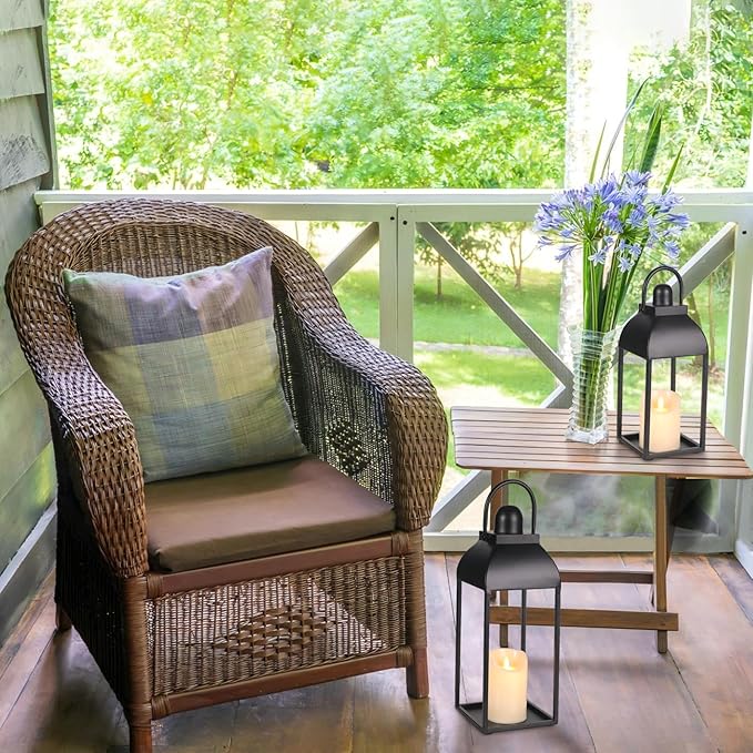 Black Metal Farmhouse Candle Lanterns, Set of 2 | Indoor & Outdoor, 13" & 17"