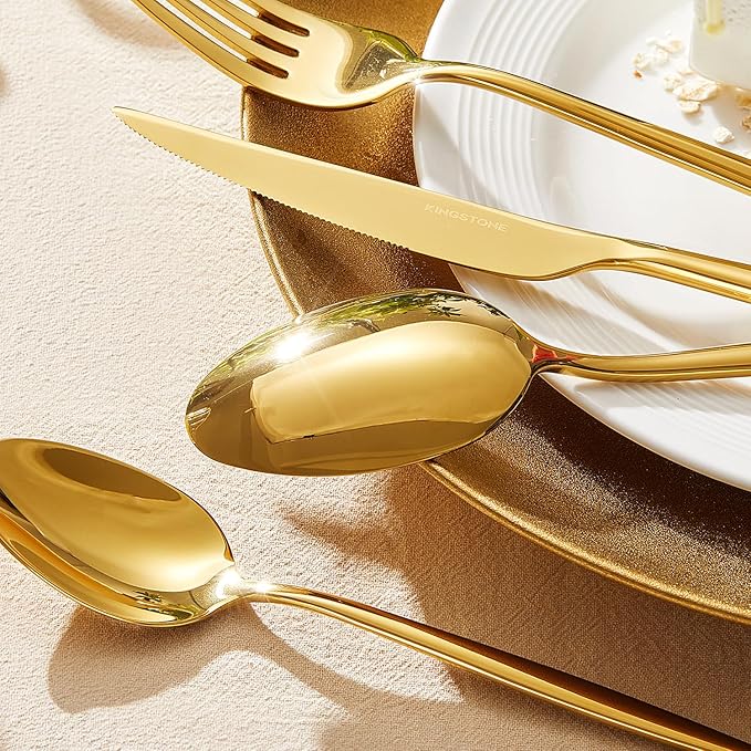 KINGSTONE Silverware Set, 20-Piece Flatware Set Cutlery Set Premium 18/10 Stainless Steel, Tableware Include Forks Knives Spoons for Home Kitchen Restaurant Wedding, Dishwasher Safe, Gold