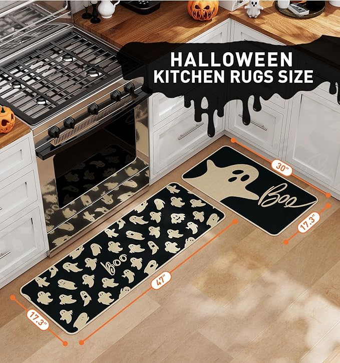Halloween Kitchen Mat Set of 2 | Ghost & Boo Design, Non-Slip, 17x29" & 17x47"