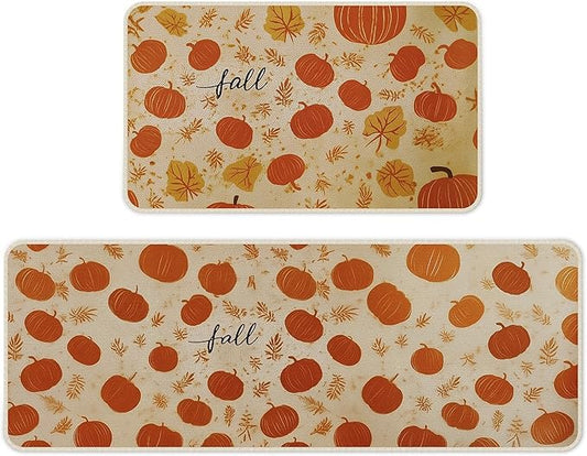 Halloween Pumpkin Kitchen Mat Set of 2 | Non-Slip Fall Rug, 17x29" & 17x47"