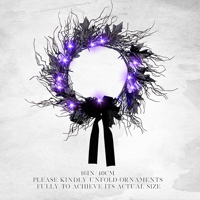 Black LED Halloween Wreath, 16" | Color-Changing Lights with Timer, Front Door & Mantel Decor