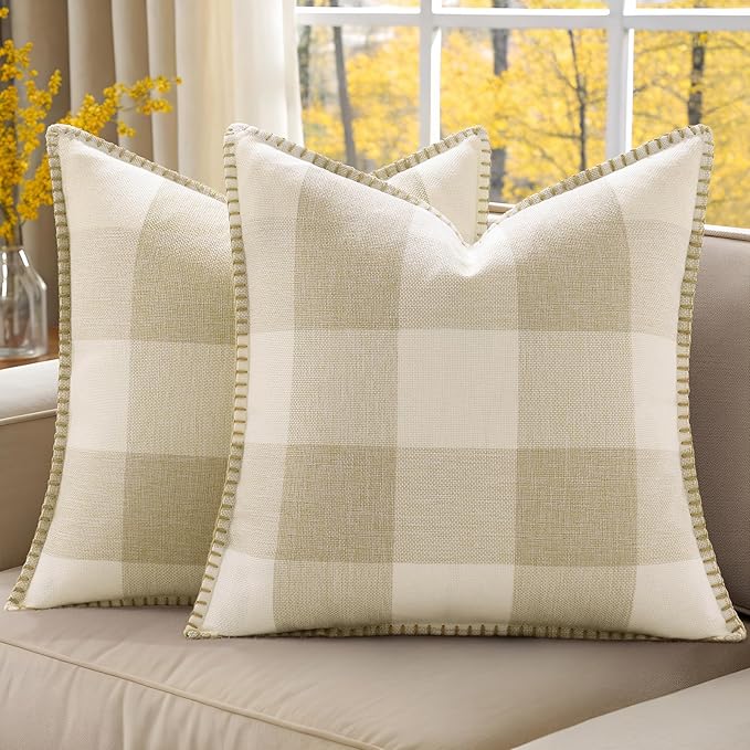 Buffalo Plaid Check Fall Throw Pillow Covers 18x18 Set of 2, Outdoor Decorative Farmhouse Pillow Covers with Stitched Edge for Bed Couch Sofa, Cream White and Beige