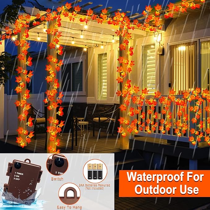 Fall Maple Leaf Garland with LED Lights, Set of 2 | 13 FT Battery-Operated with Timer, Indoor & Outdoor