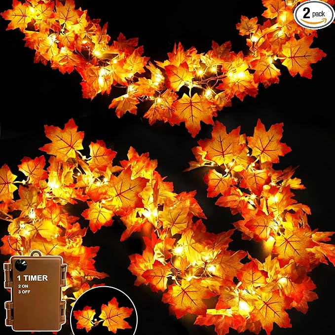 Fall Maple Leaf Garland with LED Lights, Set of 2 | 13 FT Battery-Operated with Timer, Indoor & Outdoor