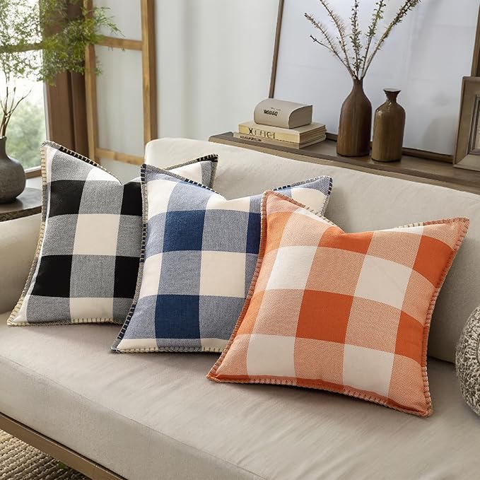 decorUhome Fall Orange and White Decorative Throw Pillow Covers 24x24 Set of 2, Buffalo Plaid Check Farmhouse Cushion Covers with Stitched Edge for Autumn Harvest Couch Sofa Bed Home Decor