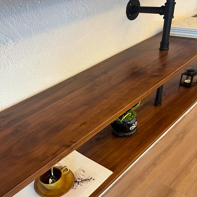 70" Industrial Pipe Floating Shelves | 2-Tier Solid Wood Wall Shelf, Dark Brown