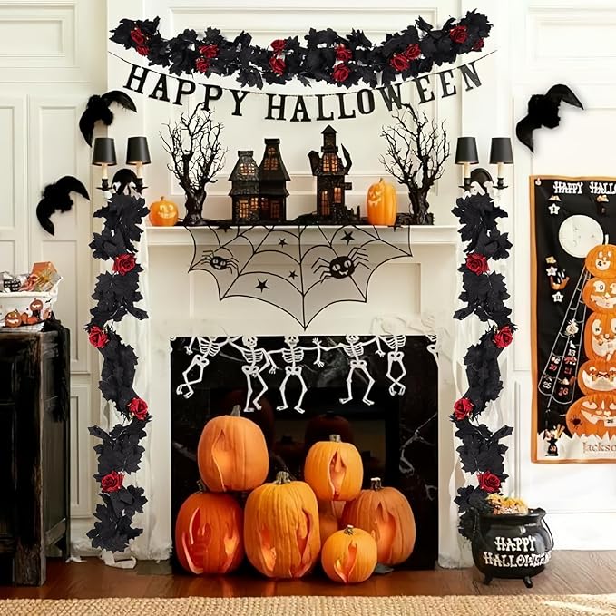 Black Maple Leaf & Red Rose Garland, Set of 2 | 5.7 FT Hanging Vine for Halloween & Wedding Decor