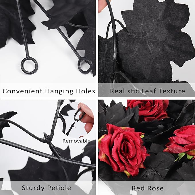 Black Maple Leaf & Red Rose Garland, Set of 2 | 5.7 FT Hanging Vine for Halloween & Wedding Decor