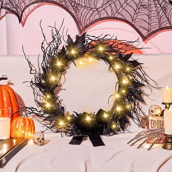 Black LED Halloween Wreath, 16" | Color-Changing Lights with Timer, Front Door & Mantel Decor