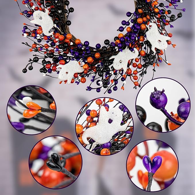 Halloween Berry Wreath with Ghost Accents, 20" | Handmade Orange & Black Front Door Decor