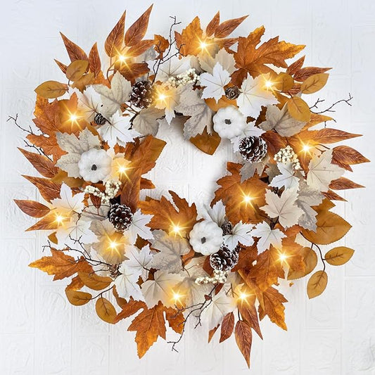 Fall Pumpkin Wreath with LED Lights | Farmhouse Front Door Autumn Decoration, 23"