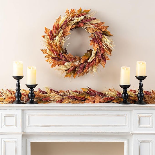 24" D Fall Sorghum Wreath with Metal Hanger, Harvest Wreath for Front Door, Fall Door Wreaths