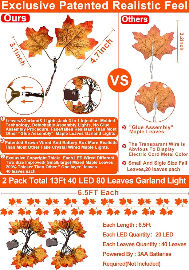 Fall Maple Leaf Garland with LED Lights, Set of 2 | 13 FT Battery-Operated with Timer, Indoor & Outdoor