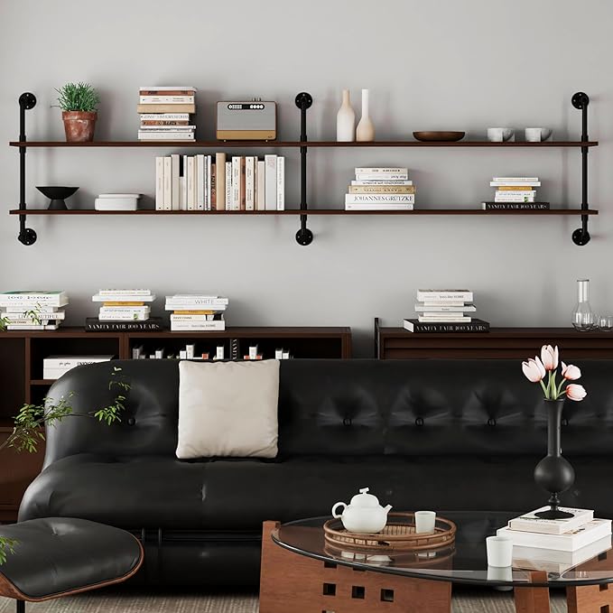 70" Industrial Pipe Floating Shelves | 2-Tier Solid Wood Wall Shelf, Dark Brown