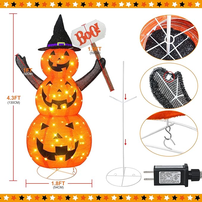 4.3 FT LED Jack-O-Lantern Pumpkin Lantern | Collapsible Halloween Yard Decoration with Stand