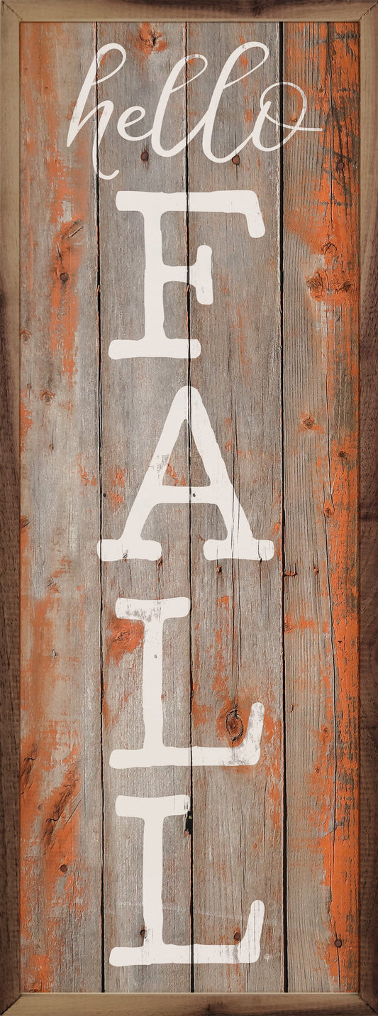 "Hello Fall" Farmhouse Wall Sign | Rustic Walnut Frame