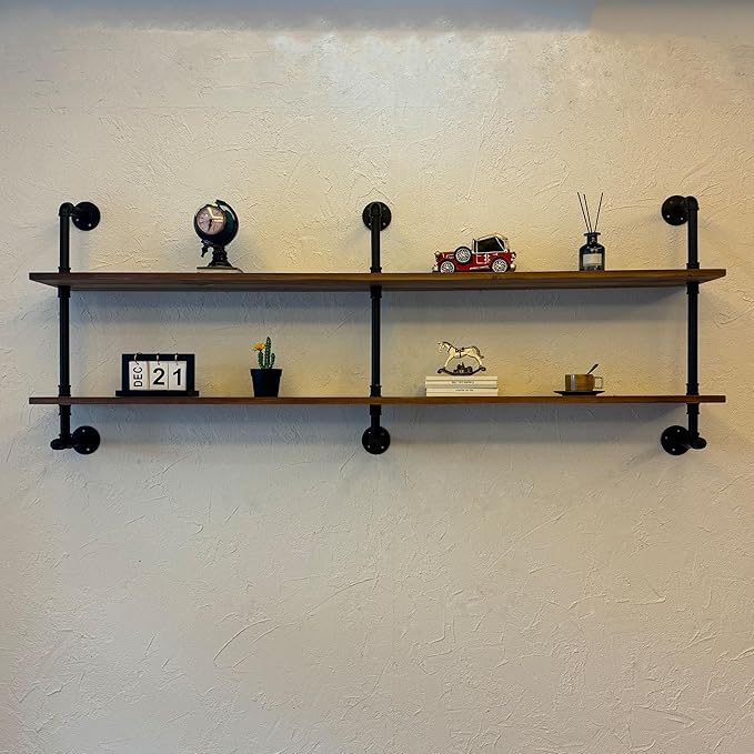 70" Industrial Pipe Floating Shelves | 2-Tier Solid Wood Wall Shelf, Dark Brown