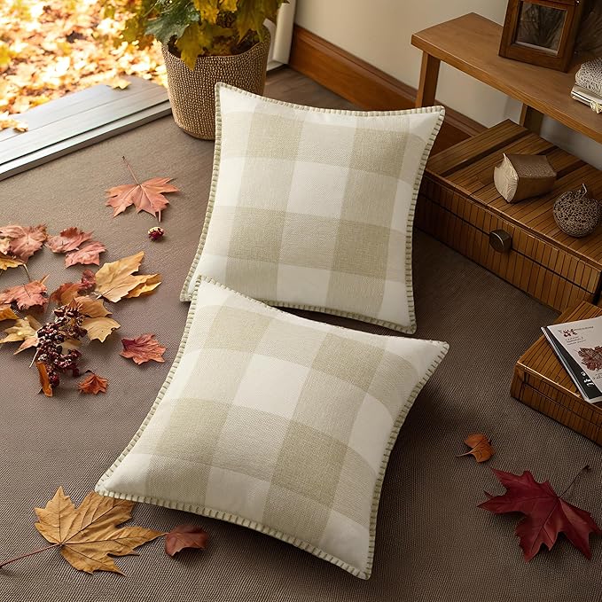 Buffalo Plaid Check Fall Throw Pillow Covers 18x18 Set of 2, Outdoor Decorative Farmhouse Pillow Covers with Stitched Edge for Bed Couch Sofa, Cream White and Beige