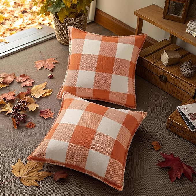 decorUhome Fall Orange and White Decorative Throw Pillow Covers 24x24 Set of 2, Buffalo Plaid Check Farmhouse Cushion Covers with Stitched Edge for Autumn Harvest Couch Sofa Bed Home Decor