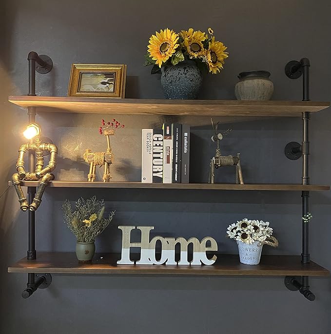 Industrial Pipe Wall Shelves Pipe Shelving with Real Wood Plank ,48 Inches Floating Shelves for Wall Farmhouse Pipe Book Shelves Dark Brown 3 Tier for Kitchen,Living Room Decor and Bar Shelving