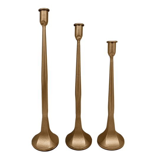Gold Taper Candle Holders – Set of 3 Cast Iron in Warm Gold Finish