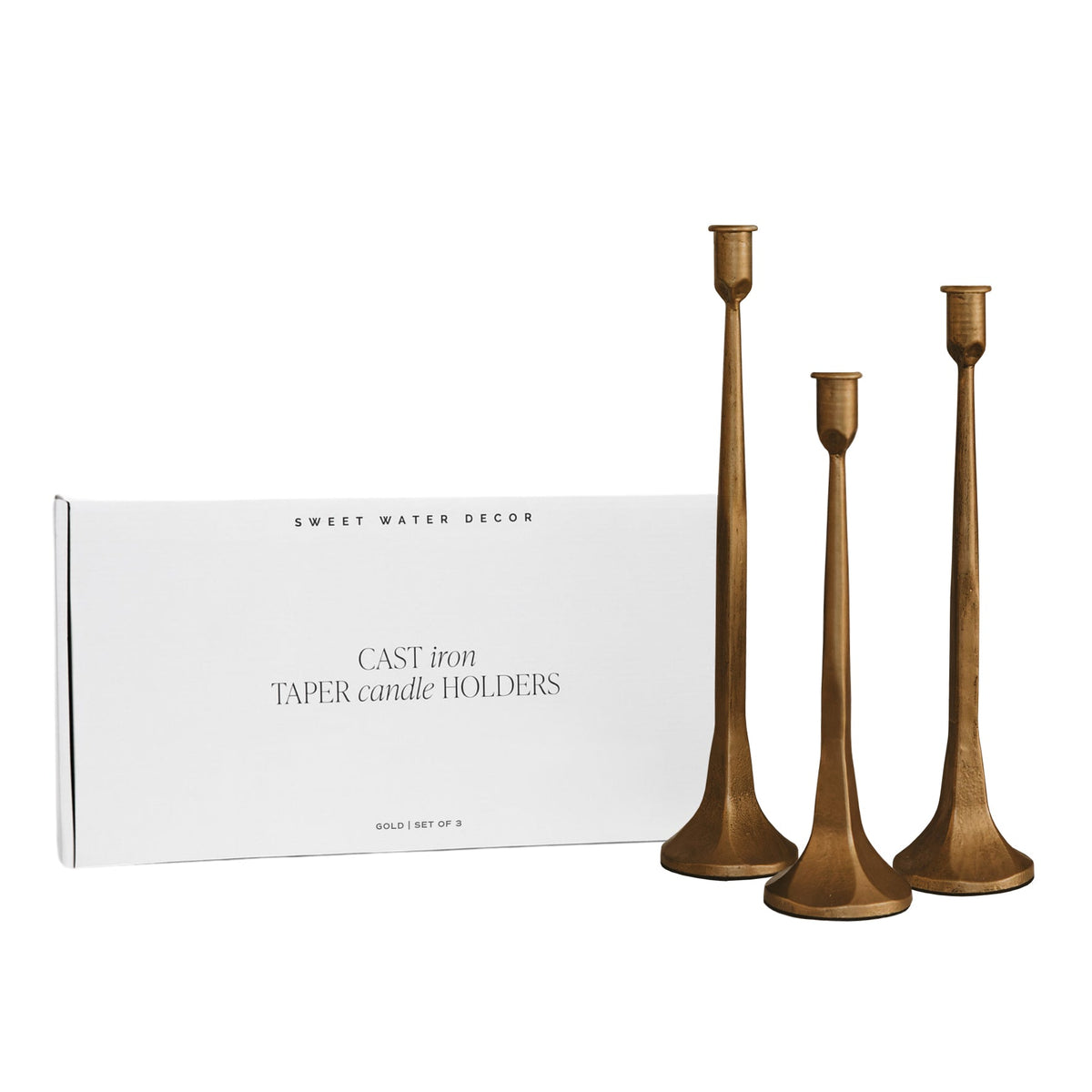 Gold Taper Candle Holders – Set of 3 Cast Iron in Warm Gold Finish