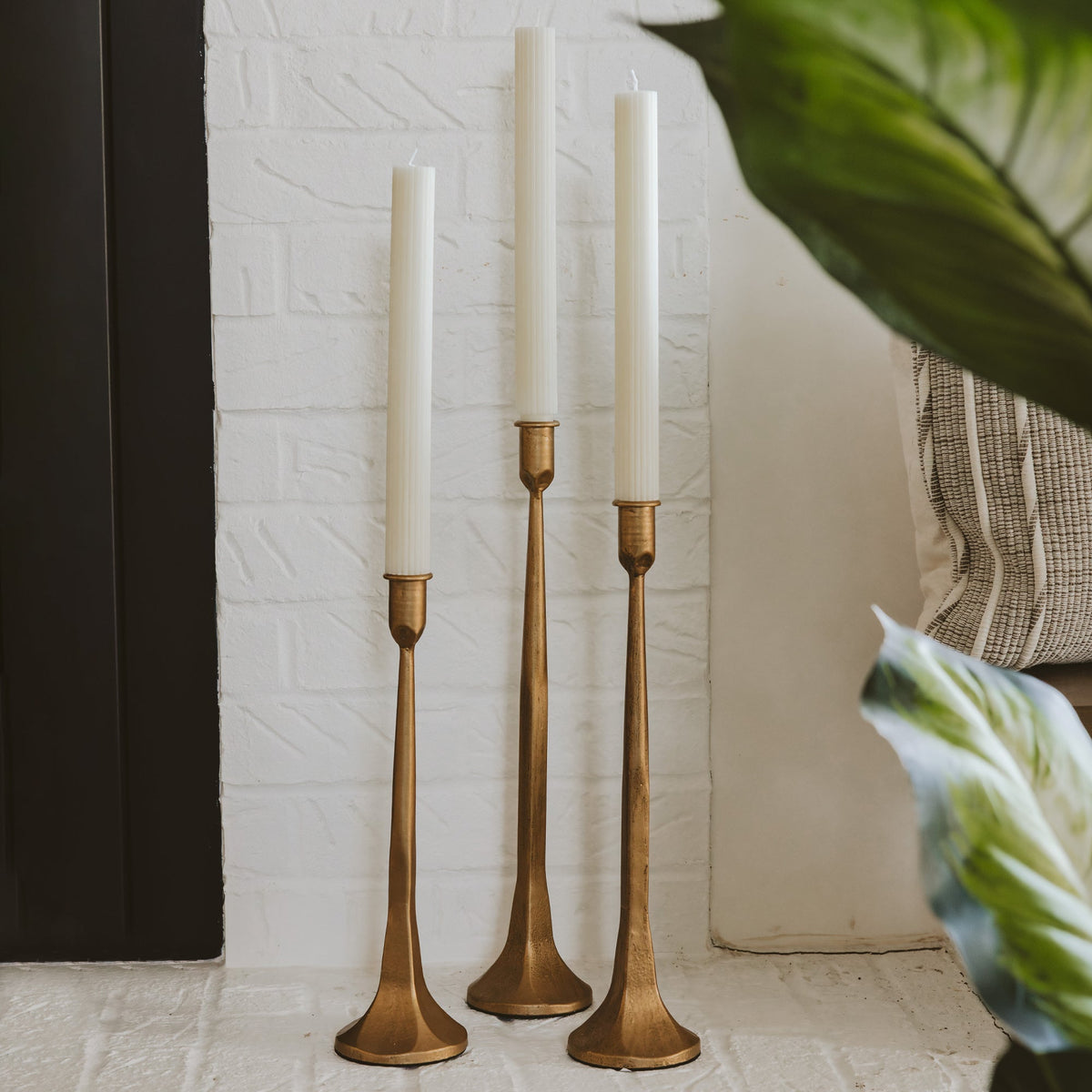 Gold Taper Candle Holders – Set of 3 Cast Iron in Warm Gold Finish