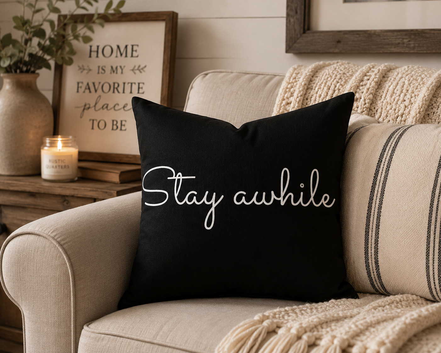 Cozy Farmhouse Throw Pillow – Stay Awhile