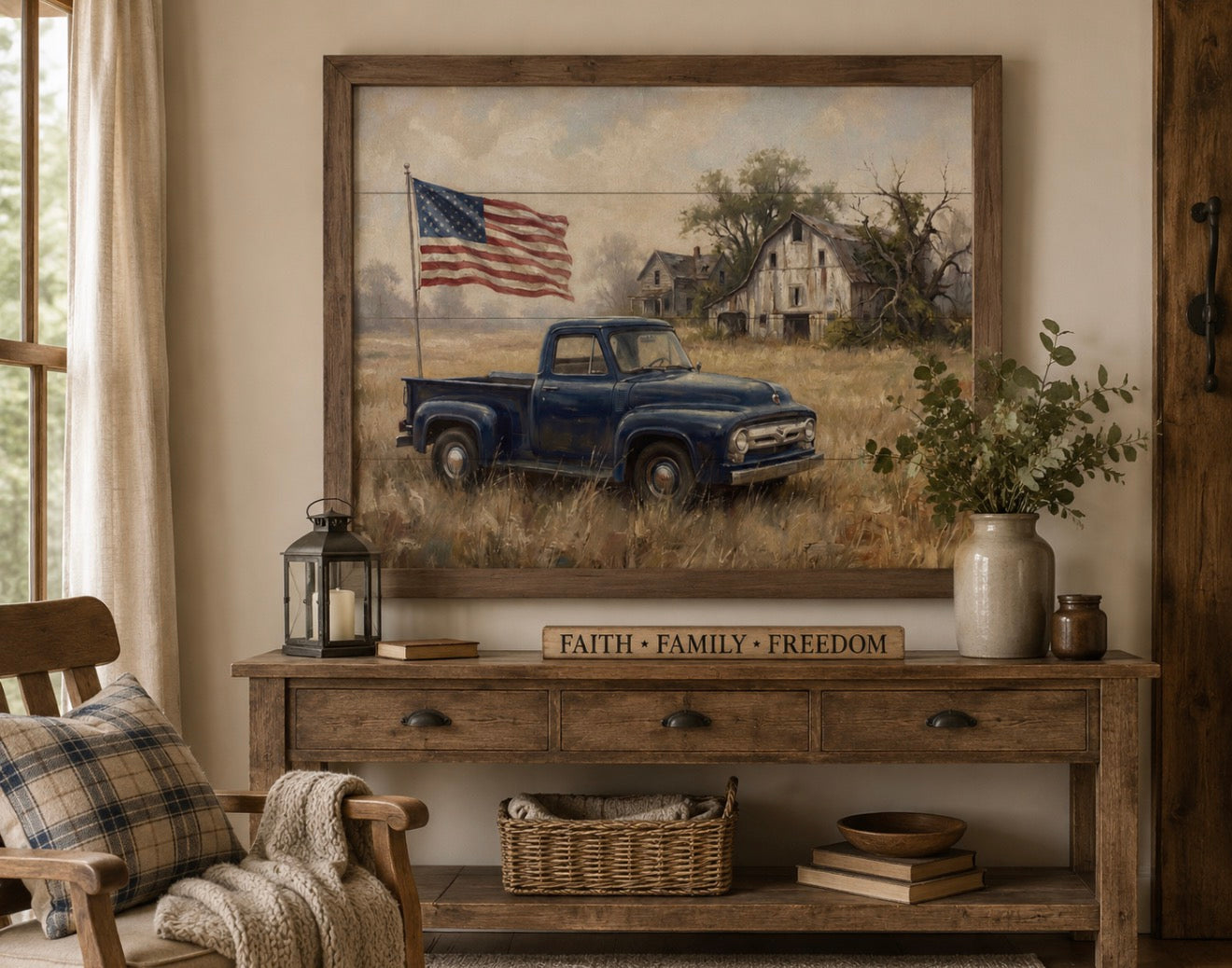 American Blue Truck With Flag
