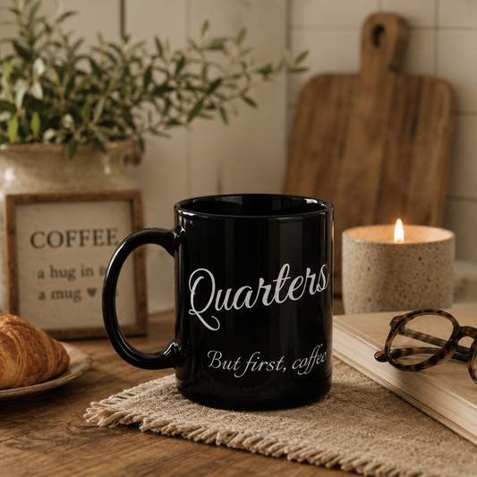 “But First, Coffee” Black Ceramic Farmhouse Mug, 15 oz