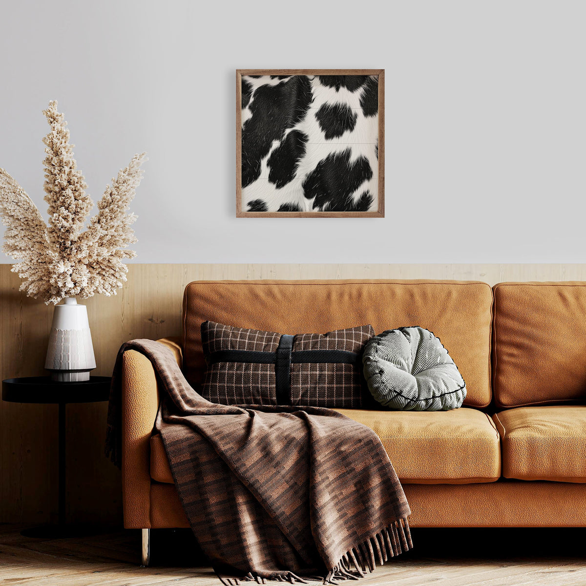 Rustic Farmhouse Cowhide Art Print with Walnut Frame