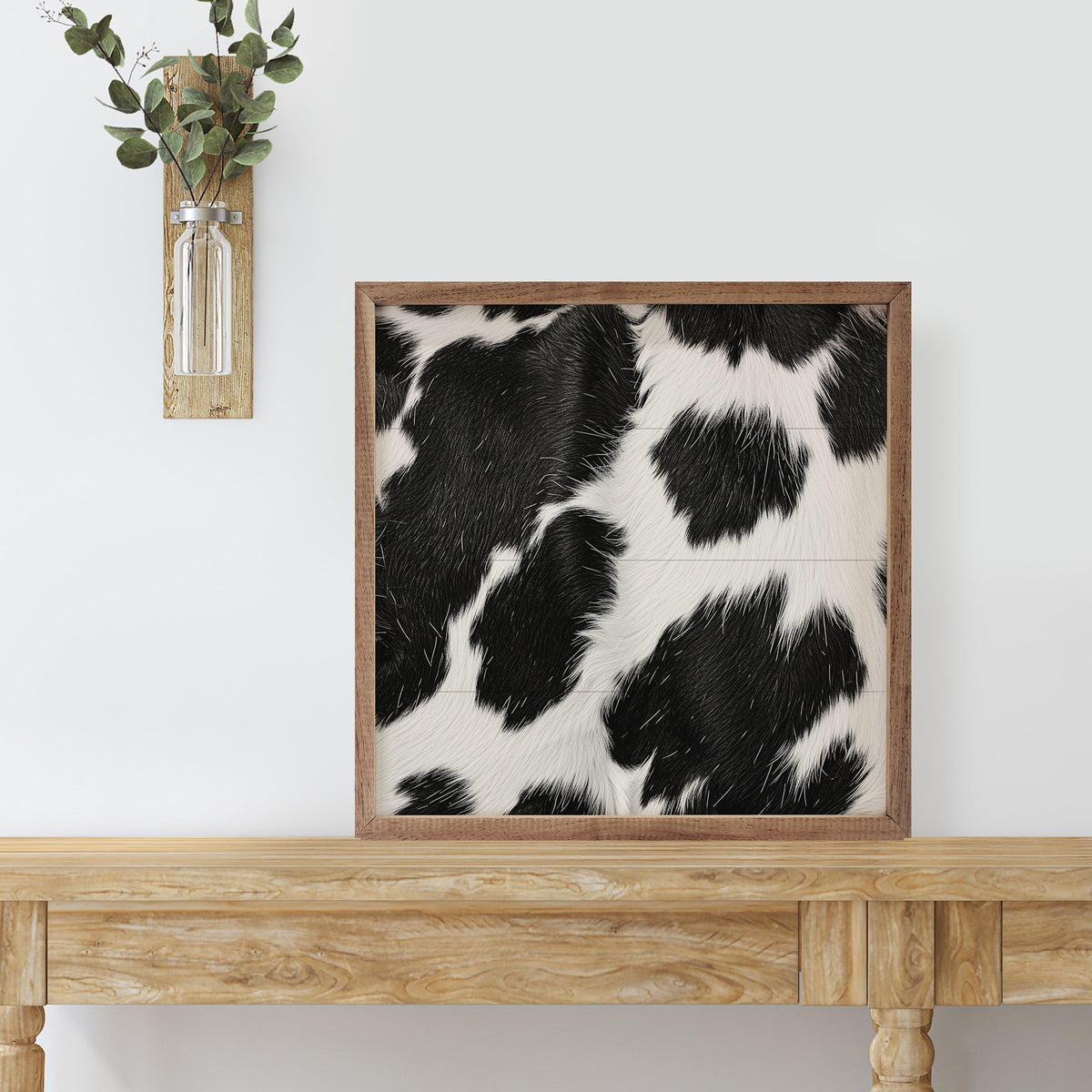 Rustic Farmhouse Cowhide Art Print with Walnut Frame