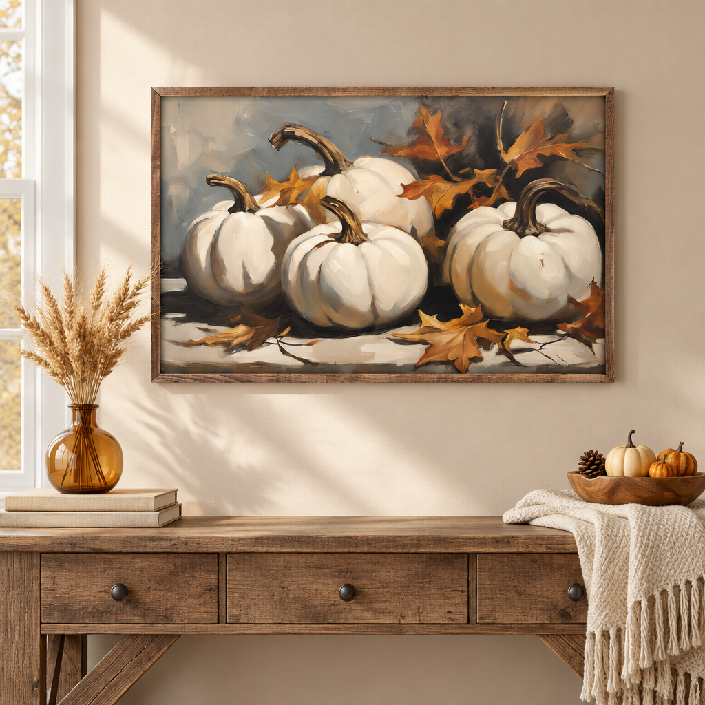 Four White Pumpkins wall art in a rustic fall interior